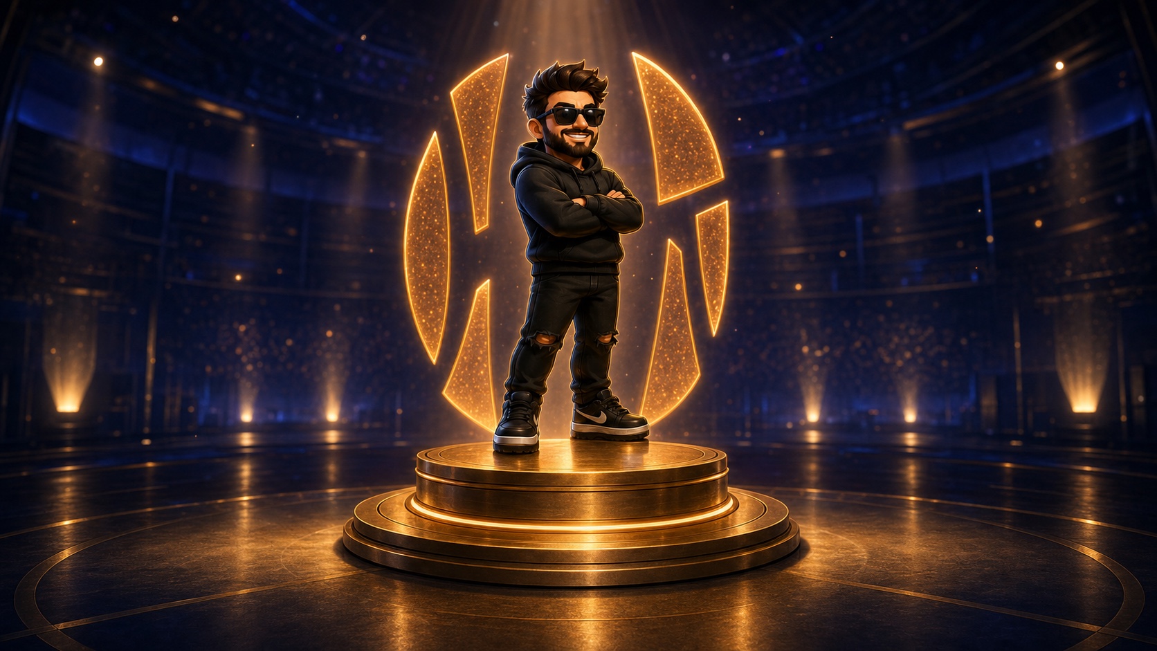 Stylized illustration of Zach Mackay standing on a gold showcase platform in a digital creator hall