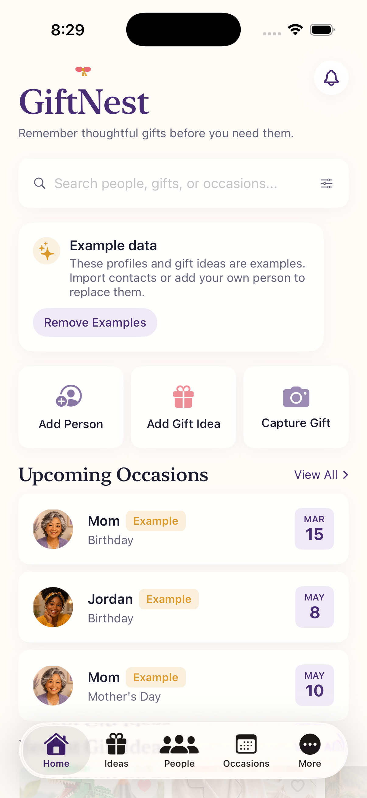 GiftNest home screen showing example data and upcoming occasions